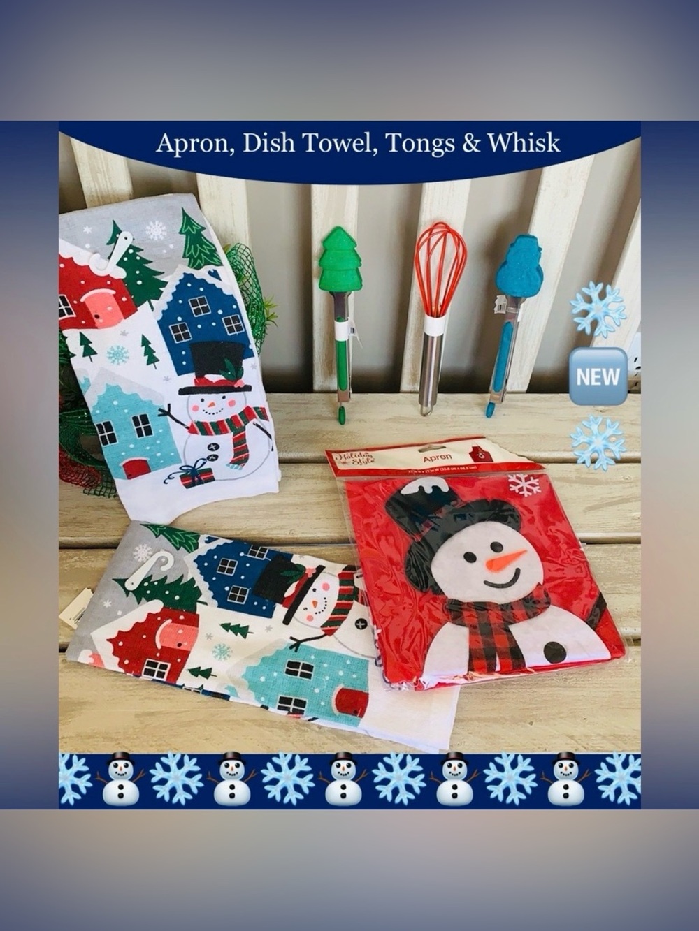 Christmas Design Dish Towels,2-Tongs, 1/whisk w/2-Towels & Apron  🎄🆕🎄